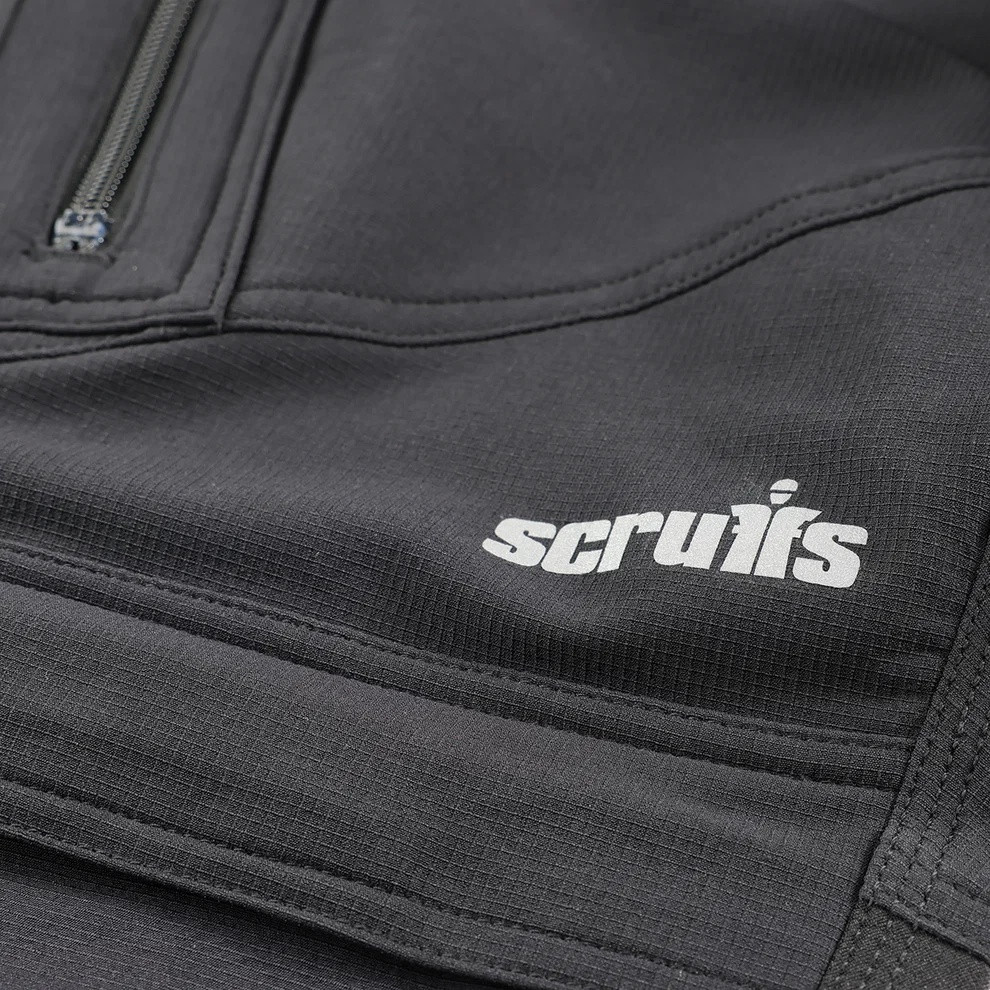 Scruffs Tech Holster Trousers close-up of black fabric and Scruffs logo