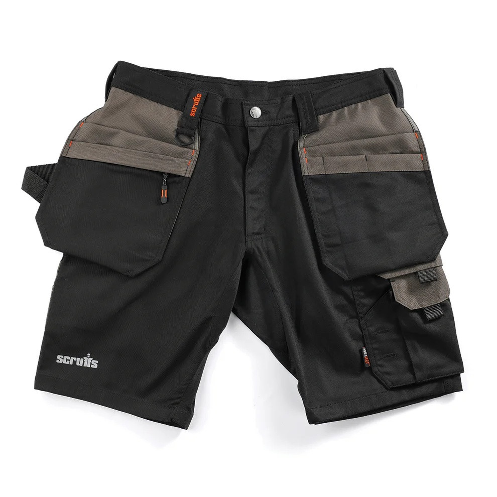 Black and grey Scruffs Worker Plus Holster Shorts with reinforced holster pockets, cargo pocket and tool loops