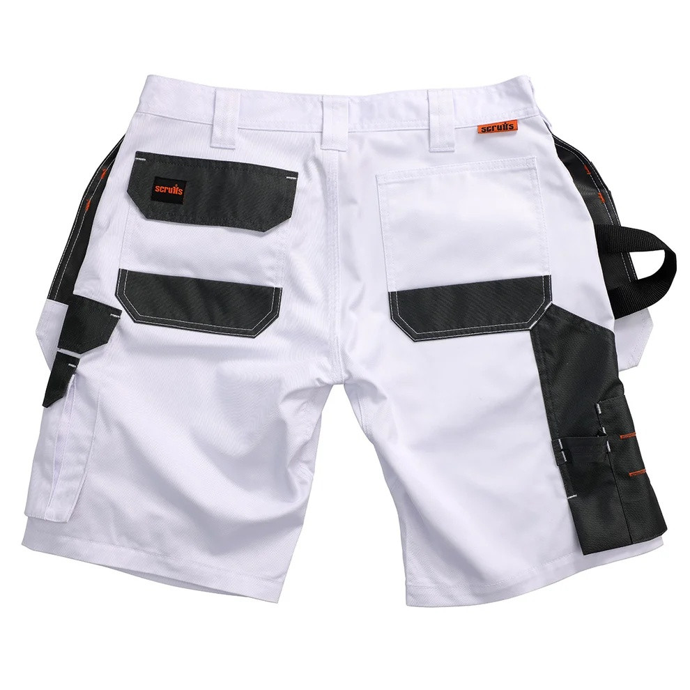 Rear view of white Scruffs Worker Plus Holster Shorts with reinforced black pockets, belt loops and tool loop