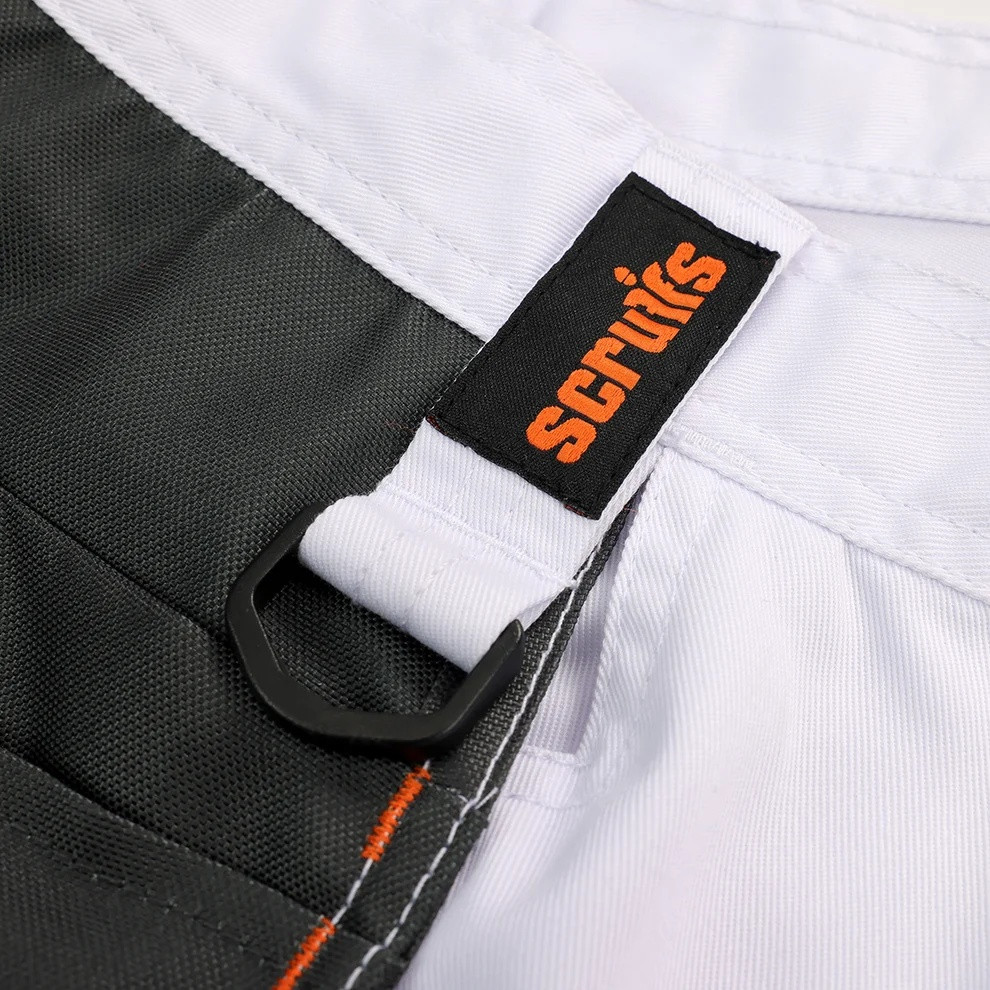 Close-up of Scruffs Worker Plus Holster Shorts showing branded utility loop, reinforced panel and contrast stitching