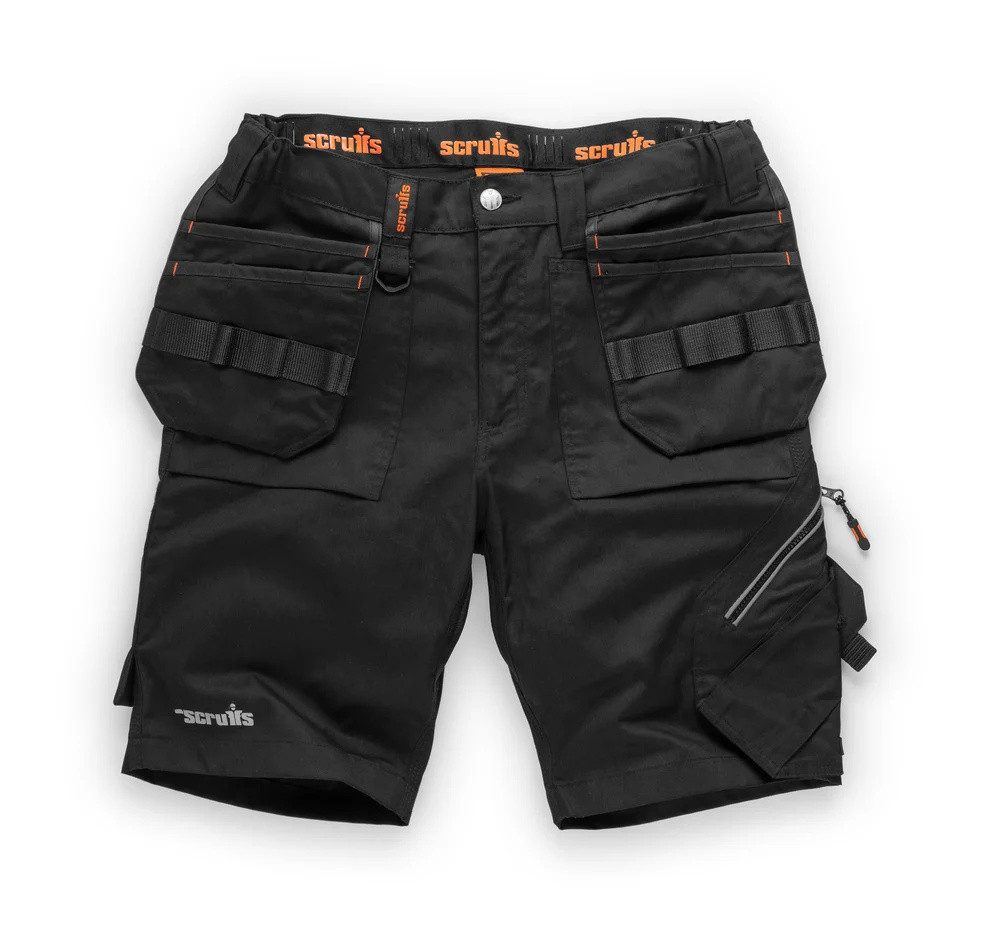 Front product view of black Scruffs Women's Trade Flex Holster Shorts with reinforced hanging pockets and utility storage