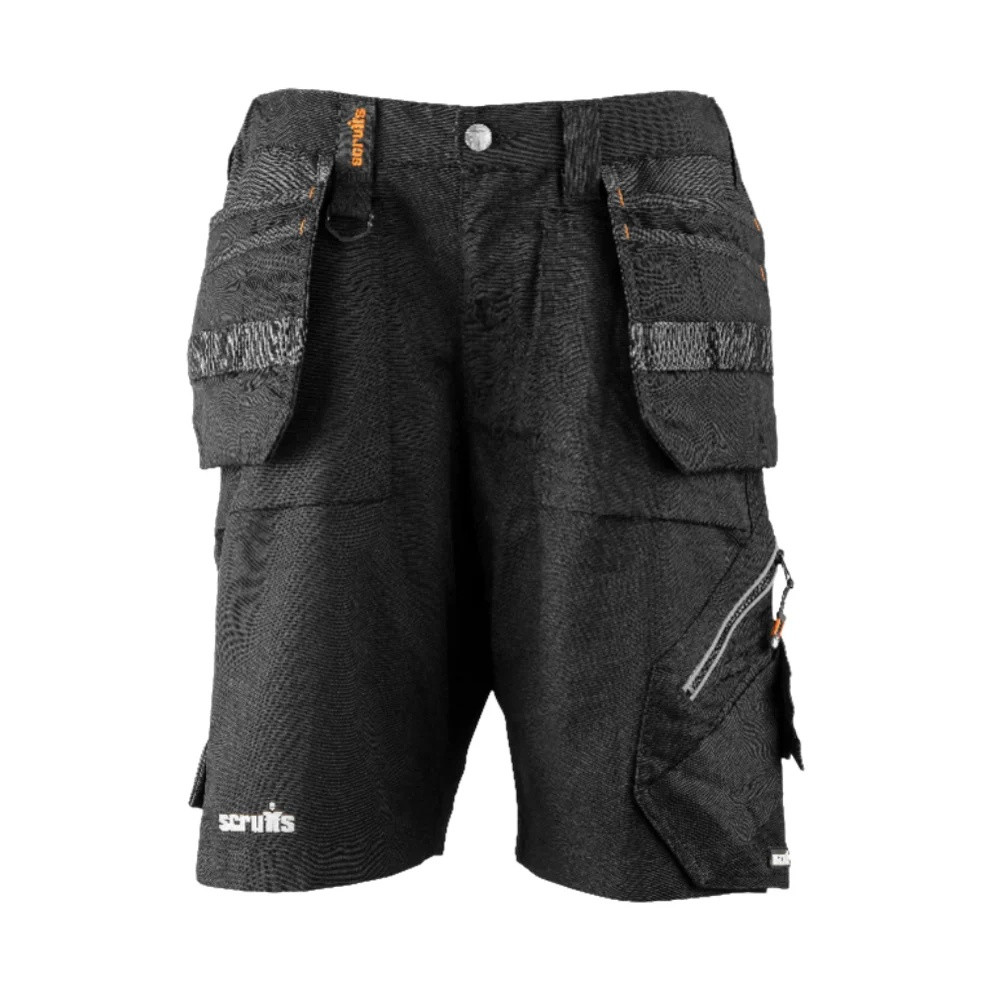 Scruffs Women's Trade Flex Holster Shorts in black with reinforced holster pockets and utility storage, front view