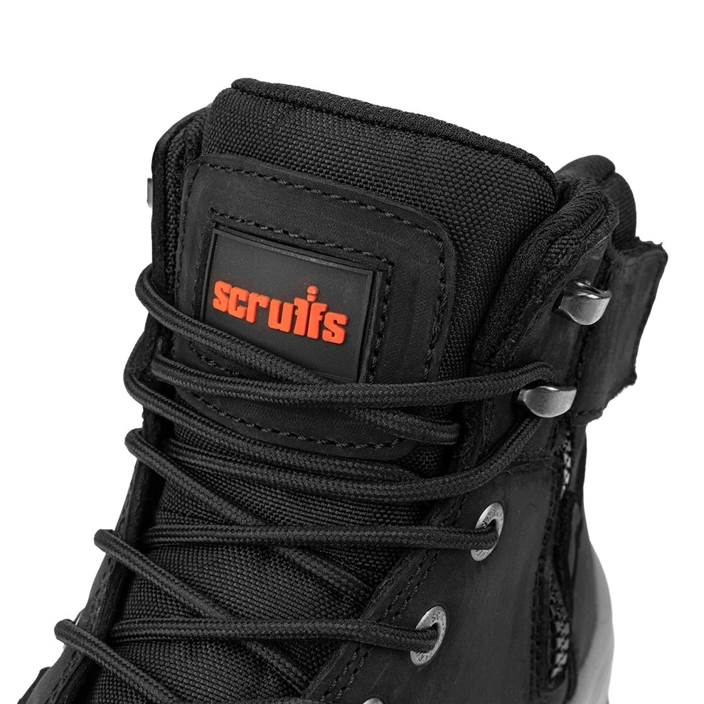 Scruffs Thornfield Safety Boots ÃƒÂ¢Ã¢â€šÂ¬Ã¢â‚¬Å“ close-up of black padded tongue, laces and Scruffs branding
