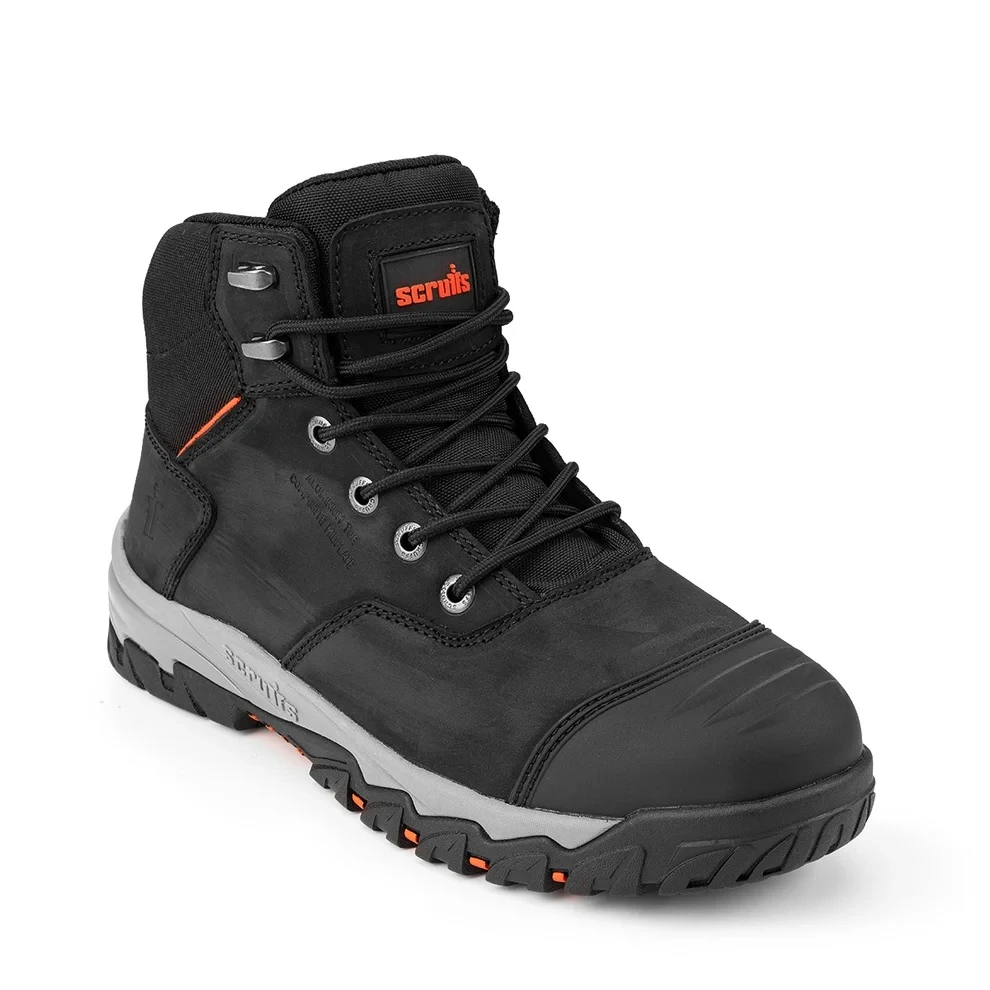 Scruffs Thornfield Safety Boots ÃƒÂ¢Ã¢â€šÂ¬Ã¢â‚¬Å“ single black boot in angled front view