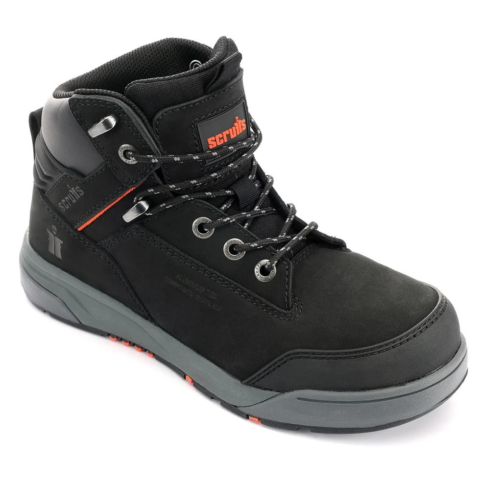 Scruffs Womens Black Switchback Safety Boots ÃƒÂ¢Ã¢â€šÂ¬Ã¢â‚¬Å“ single boot in angled front view