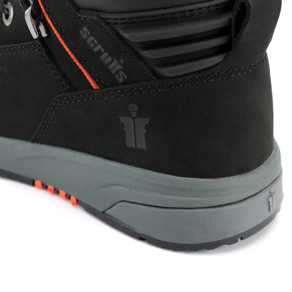 Scruffs Womens Black Switchback Safety Boots ÃƒÂ¢Ã¢â€šÂ¬Ã¢â‚¬Å“ close-up of heel panel and Scruffs branding