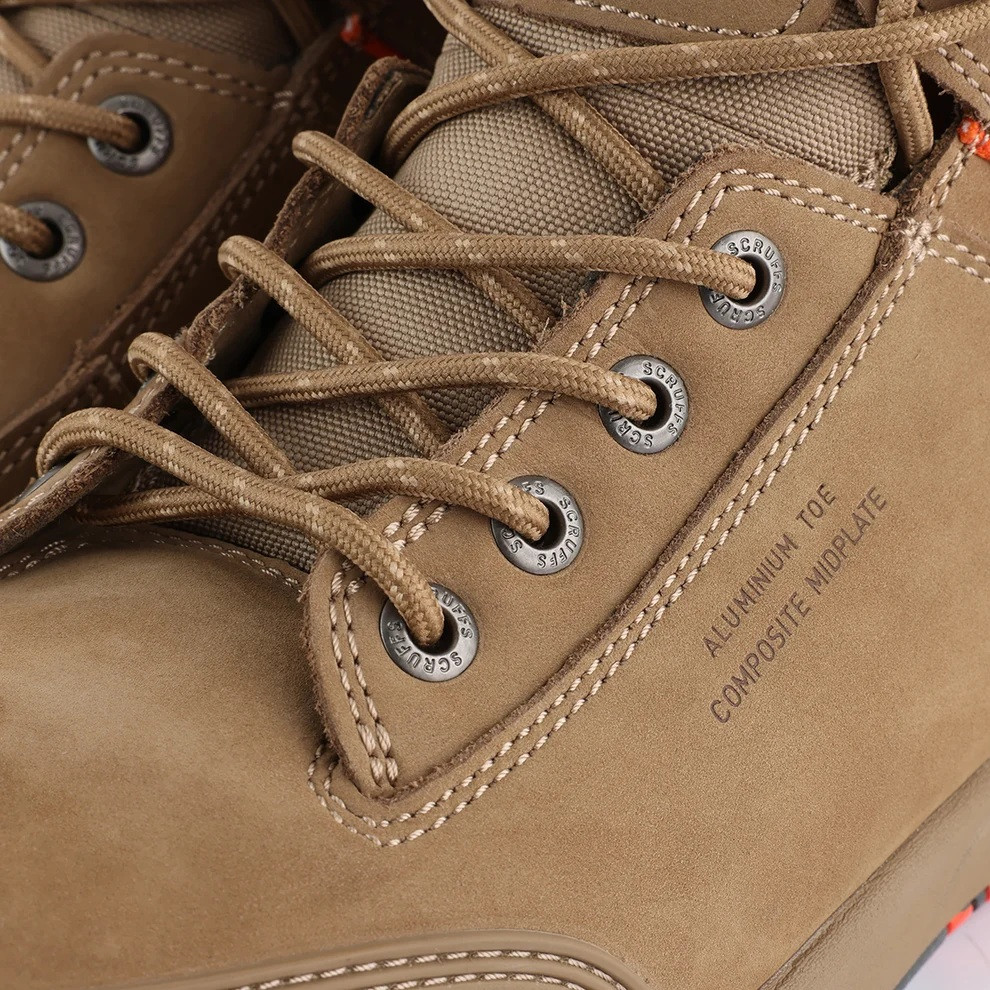 Scruffs Switchback 3 Safety Boot Stone Ã¢â‚¬â€œ close-up of laces, eyelets and upper material