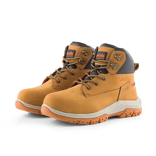 Pair of Scruffs Ridge tan safety boots in angled side view with lace fastening, padded collars and rugged orange tread