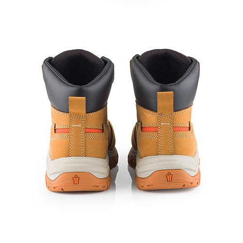 Rear view of a pair of Scruffs Ridge tan safety boots showing black padded collars, heel pull tabs and orange soles