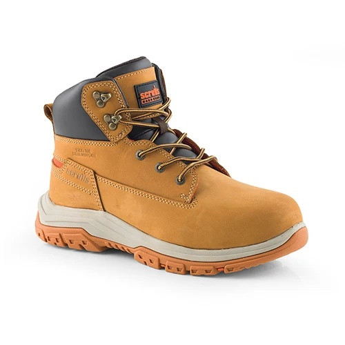 Opposite angled front view of Scruffs Ridge tan safety boot with lace fastening, padded ankle collar and orange tread