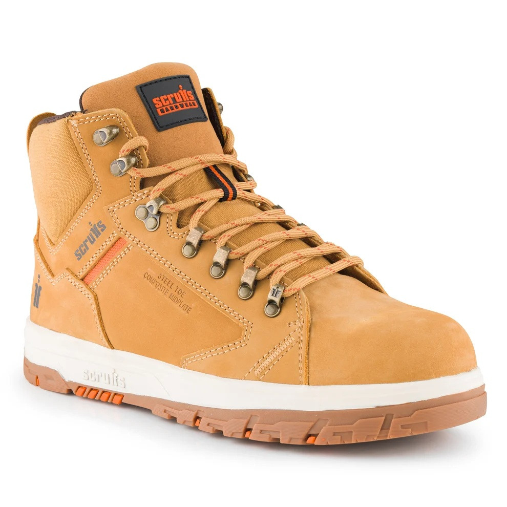Scruffs Nevis Safety Boots Ã¢â‚¬â€œ single tan boot in angled front view