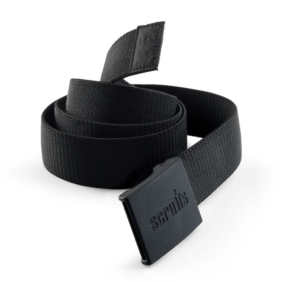 Scruffs Trade Stretch Belt rolled up showing flexible black webbing and branded buckle