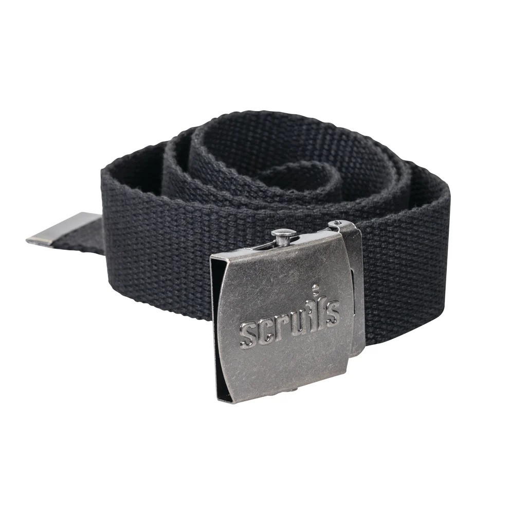 Scruffs Adjustable Clip Belt rolled up with black webbing and a brushed metal Scruffs buckle