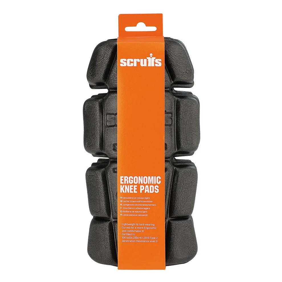 Scruffs Ergonomic Slim Fit Knee Pads displayed in orange and black retail packaging