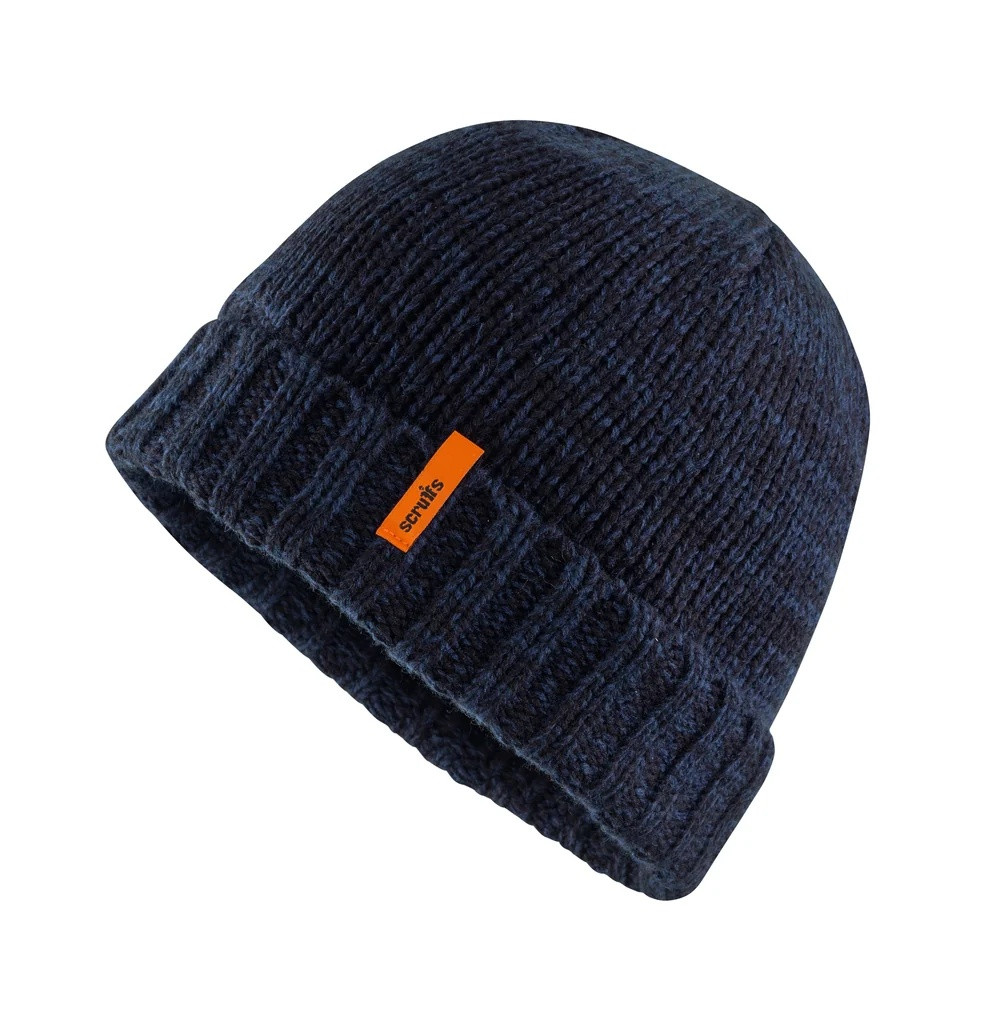 Scruffs Trade Beanie in navy blue ribbed knit with turned cuff and orange branded tab