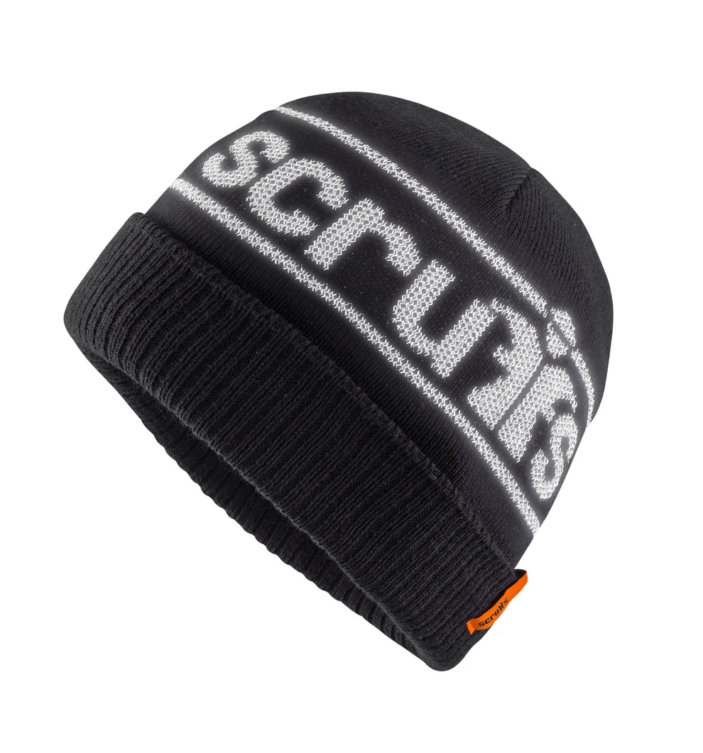 Scruffs Trade Reflective Beanie in black with large reflective Scruffs logo around the crown