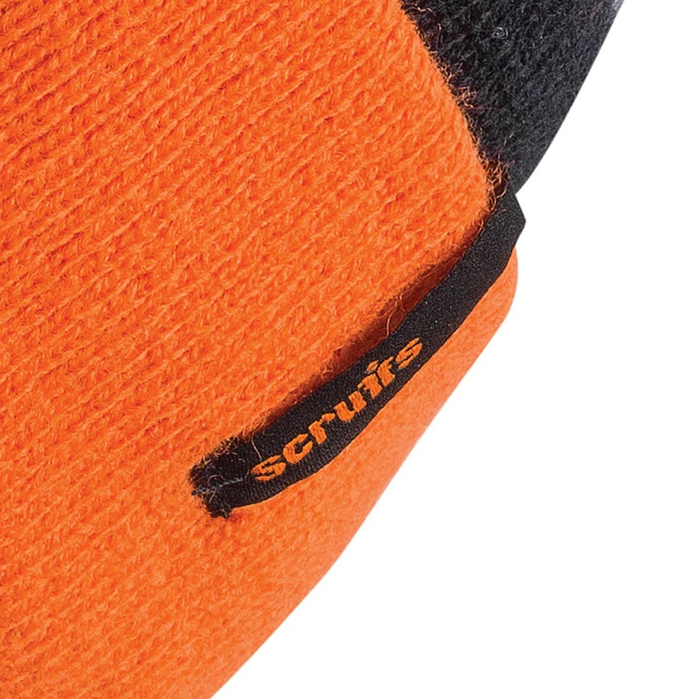 Close-up of Scruffs Trade Orange Thinsulate Bobble Hat showing orange knit and branded cuff tab
