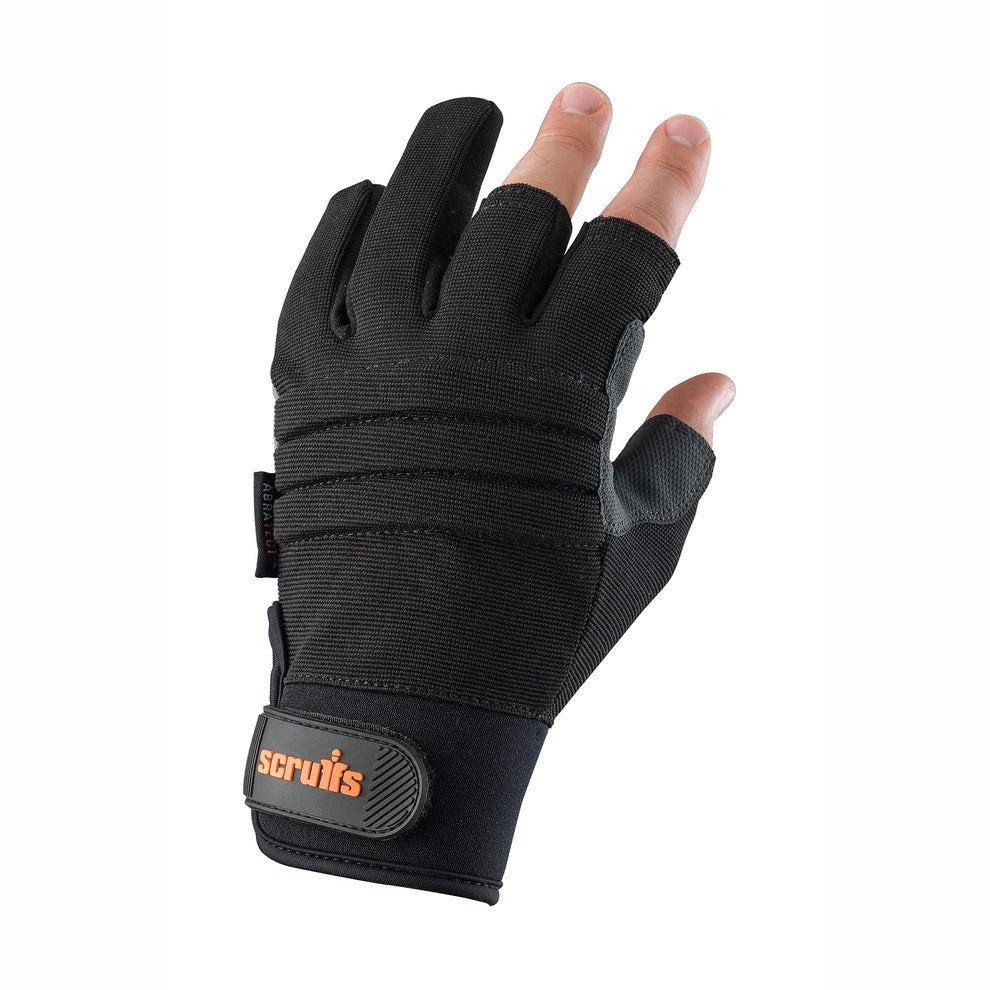 Scruffs Trade Precision Fingerless Glove in black with open fingertips, padded back and adjustable wrist fastening