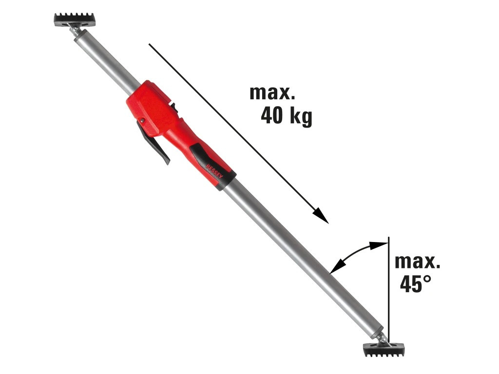 Bessey Telescopic Drywall Support – telescopic support diagram showing angled use and load guidance