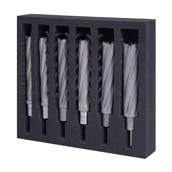 HMT CarbideMax 110XL TCT Broach Cutter – set of metal annular cutters displayed in a black tray