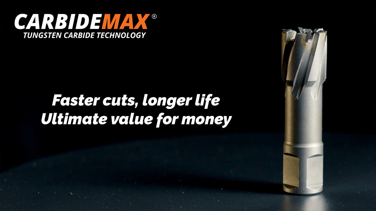 HMT CarbideMax 40 TCT Magnet Broach Cutter – CarbideMax promotional graphic featuring cutter and performance message