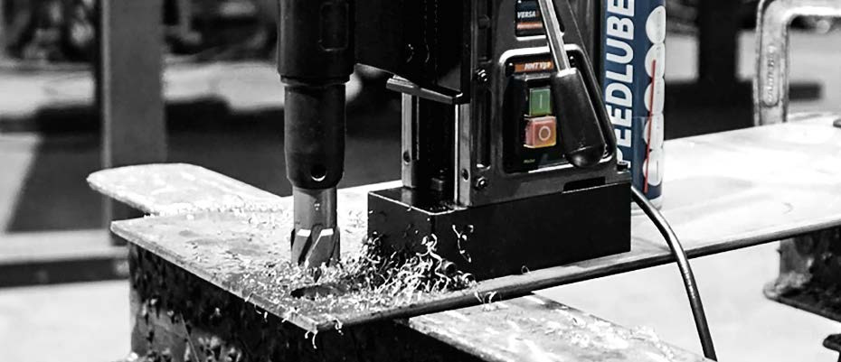 HMT CarbideMax 40 TCT Magnet Broach Cutter – magnetic drilling machine cutting steel with annular cutter and visible metal swarf