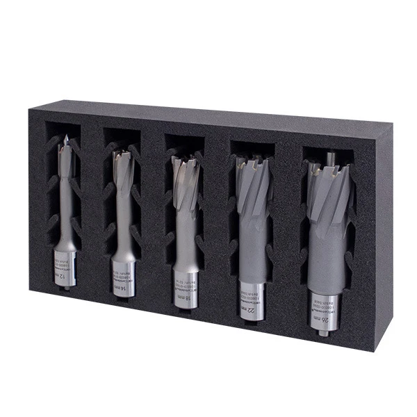 HMT CarbideMax 55 TCT Magnet Broach Cutter – set of metal annular cutters displayed in a black tray
