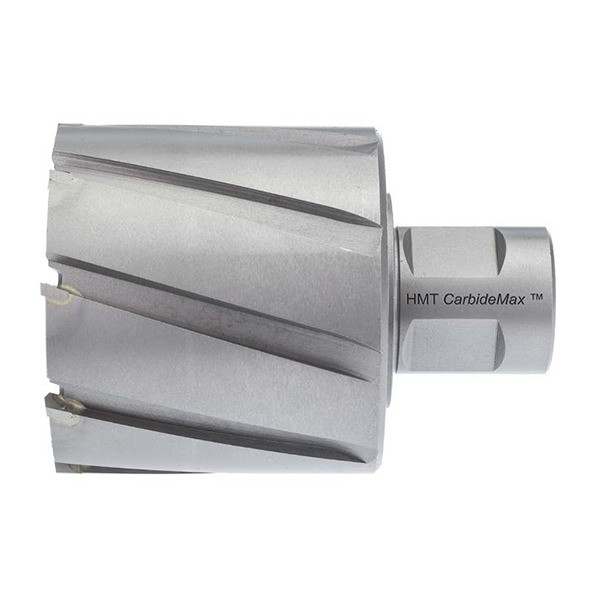 HMT CarbideMax 55XL TCT Magnet Broach Cutter – silver annular cutter with fluted cutting edges on white background