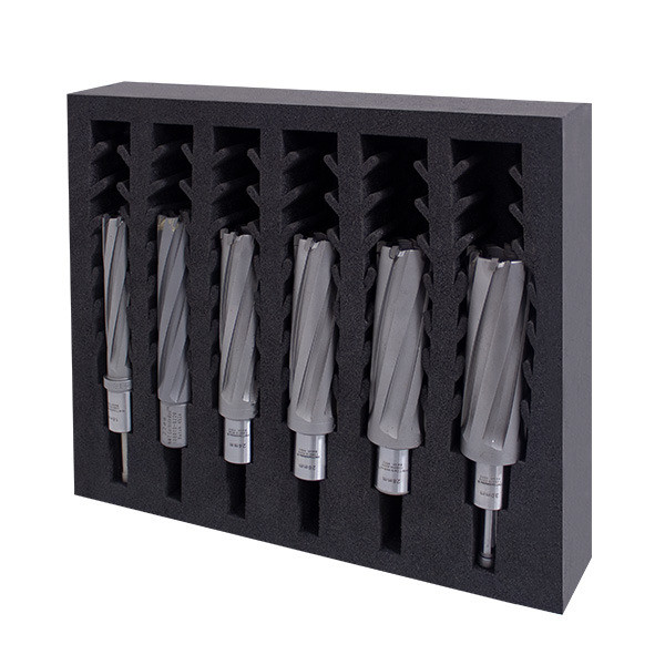 HMT CarbideMax 80 TCT Deep Broach Cutter – set of metal annular cutters displayed in a black tray