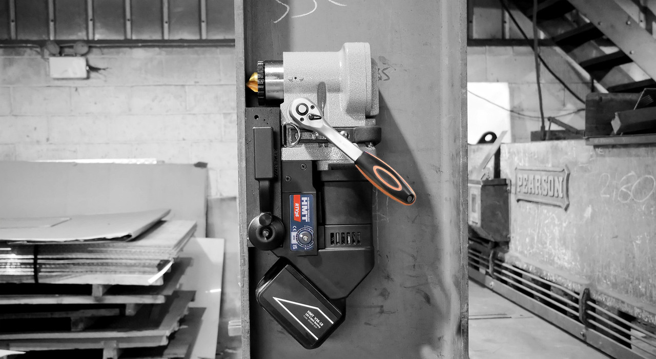 HMT Cordless RTV36-18 Magnet Drill Only – cordless magnetic drill attached to vertical steel in workshop