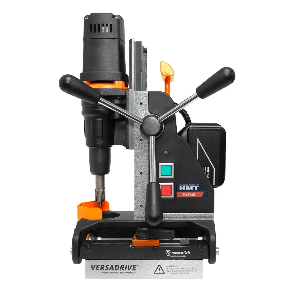 HMT Cordless V36-18 Pipe Base Magnet Drill - 2 x 9.0AH Kit (Stakit) – HMT magnetic drilling machine shown from front or three-quarter angle