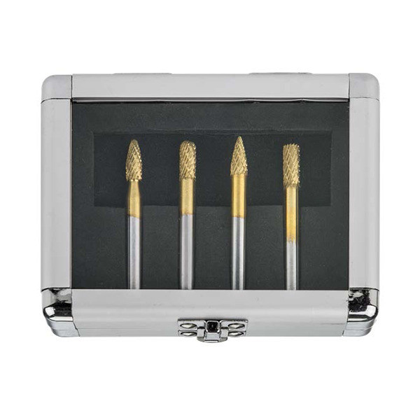 HMT GoldMax TCT Burr 6mm 4pc Set – gold-coated carbide burr set arranged in a protective case
