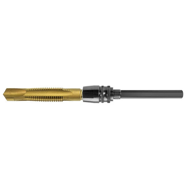 Gold HMT VersaDrive imperial drill tap attached to long extension holder