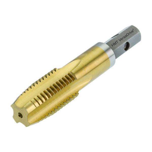 Close-up of HMT VersaDrive ImpactaTap gold cutting flutes and hex shank