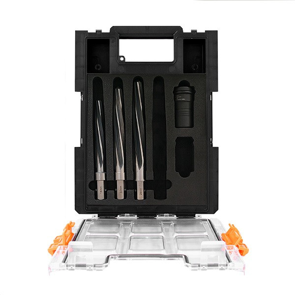 Open case with imperial reamers in moulded slots