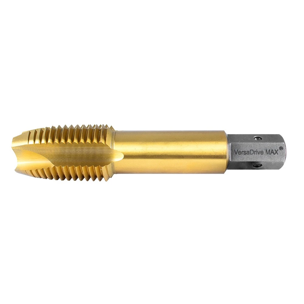 Gold-coated HMT VersaDrive MAX imperial spiral point tap, side view showing cutting flutes and hex shank