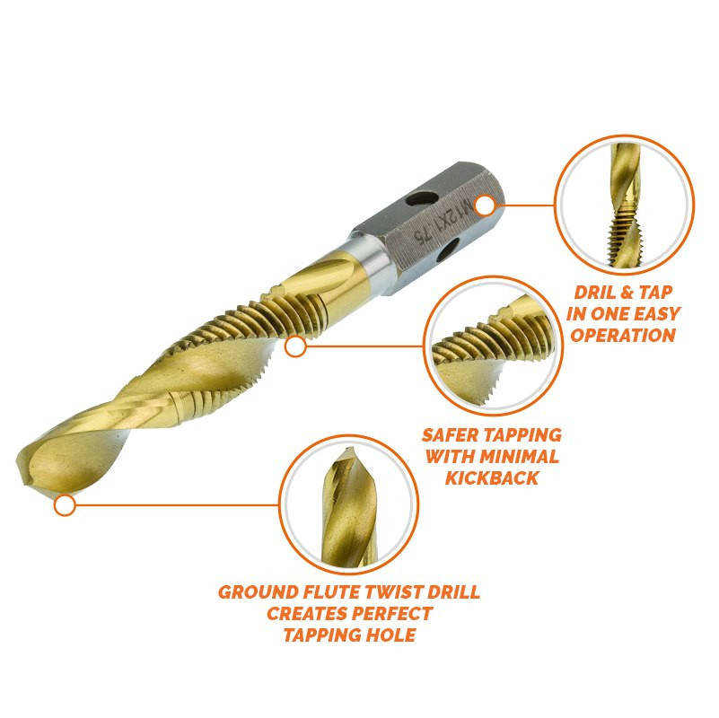 HMT VersaDrive Spiral Flute Combi Drill-Tap - Metric – annotated gold combination drill-and-tap bit showing cutting features