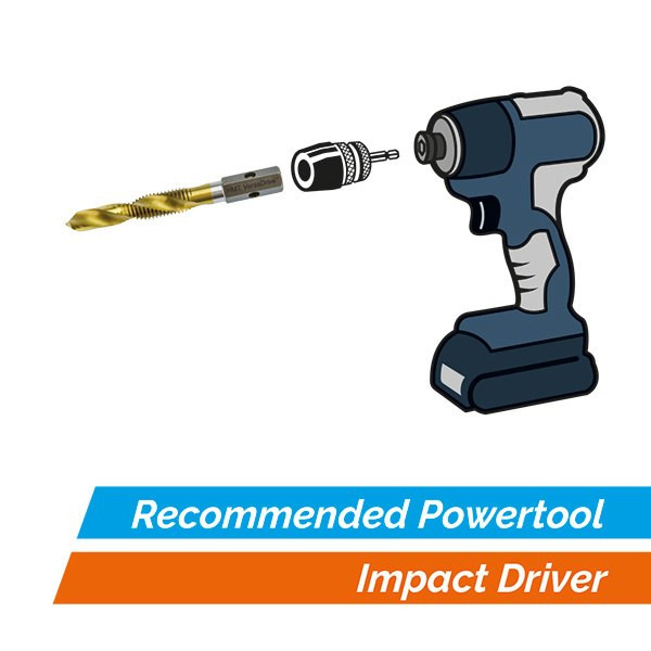 HMT VersaDrive Spiral Flute Combi Drill-Tap - Metric – illustration of a drill-and-tap bit fitted to an impact driver
