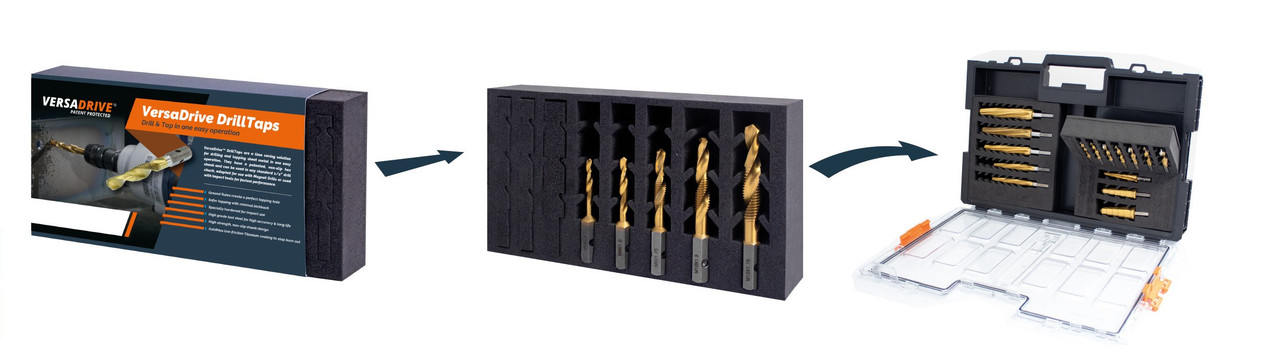 HMT VersaDrive Spiral Flute Combi Drill-Tap - Imperial – retail box, drill-and-tap set and carry case illustrated together