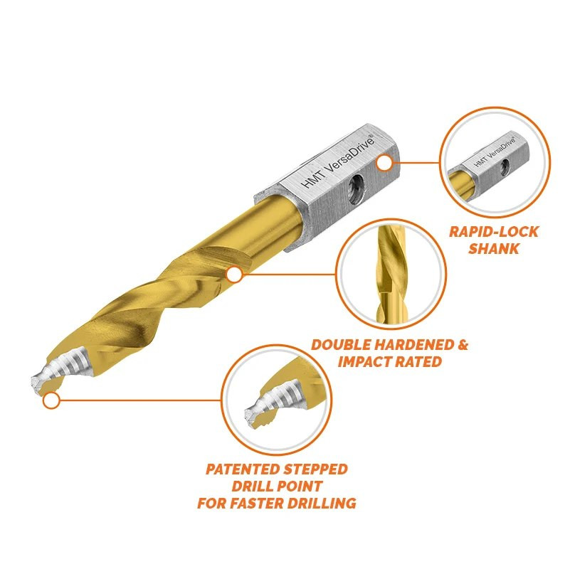 HMT VersaDrive STAKIT ETOP4 Impact Starter Kit – annotated diagram of a gold drill-and-tap bit and shank