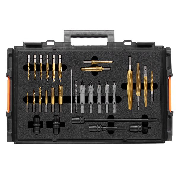 HMT VersaDrive STAKIT Installation Kit – open installation kit case showing gold drill bits and accessories