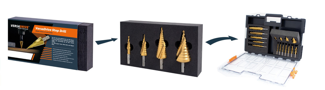 HMT VersaDrive Step Drill - Imperial – illustration of retail step drill set box, tray and case
