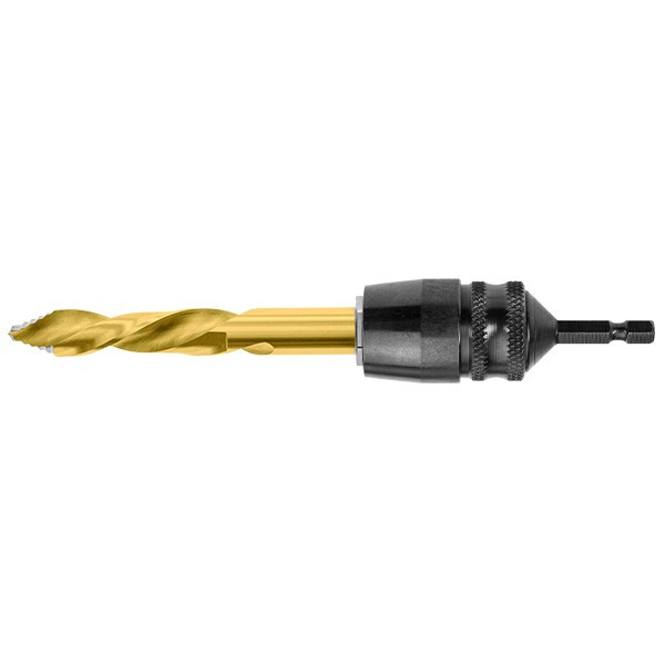 Gold TurboTip imperial drill bit fitted to a black adaptor with hex shank