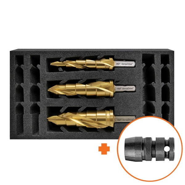 Step cutter set in foam insert with separate adaptor detail