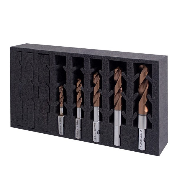 Assorted ULTRA imperial coated drill bits arranged upright in black holder