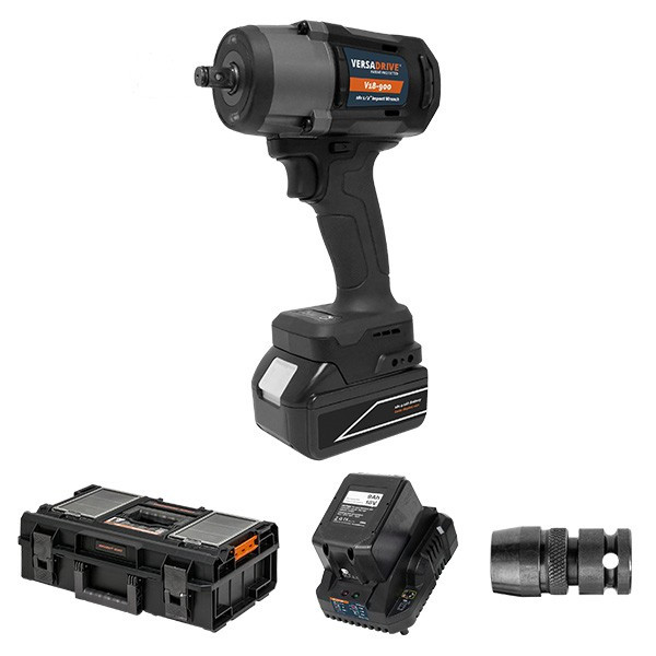 VersaDrive V18-900 impact wrench with battery and accessories displayed separately