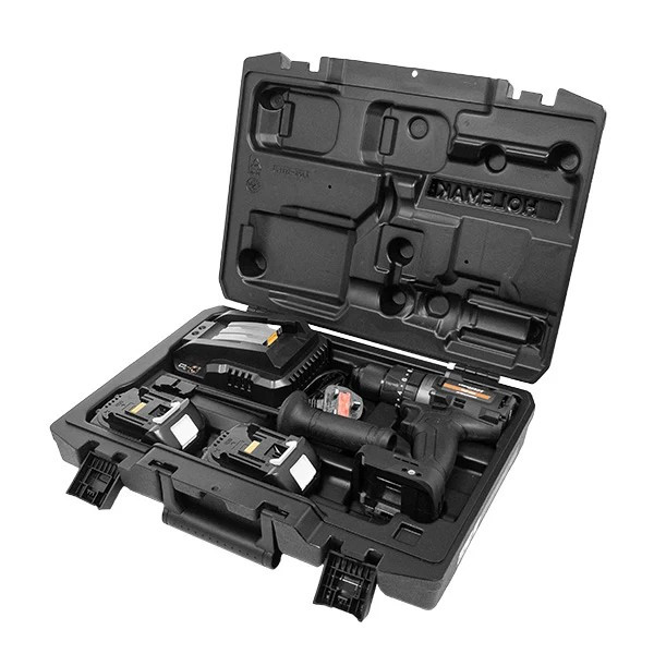 Angled view of open VersaDrive combi drill carrying case and contents