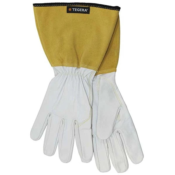 Ejendals Tegera white and yellow goatskin TIG welding gauntlet for professional TIG welding and fabrication