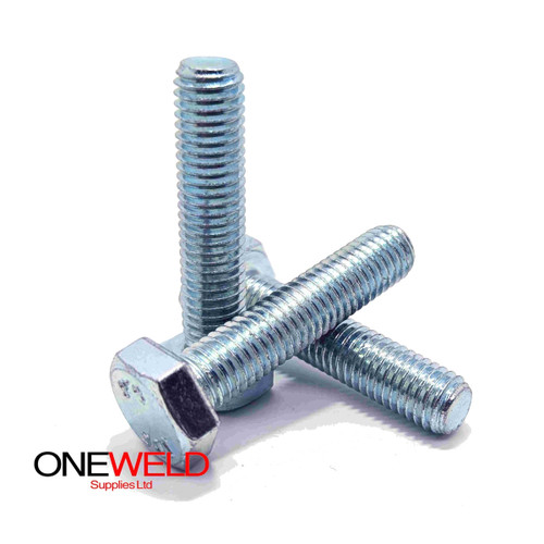 High Tensile Set Screw Gr 8.8 Zinc Plated DIN 933 M20 x 120mm, three zinc plated set screws arranged in a crossed stack