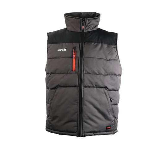 Scruffs Worker Bodywarmer Graphite front view featuring orange zipped chest pocket and high collar